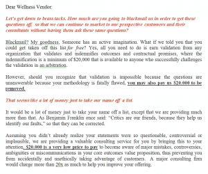 Wellness Critics extortion letter.