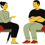 Two cartoon people sitting in a health coaching session.