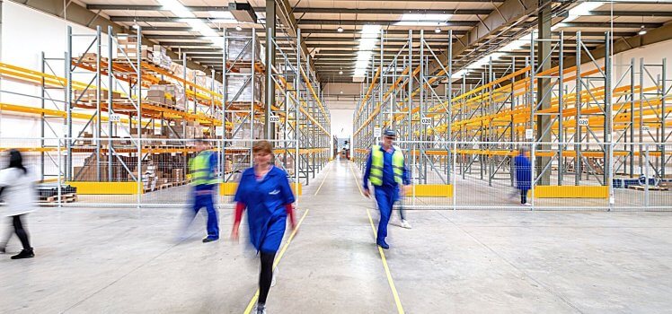 Multiple warehouse workers in blue with yellow caution vests walking through an empty warehouse. wellness programs improve employee retention