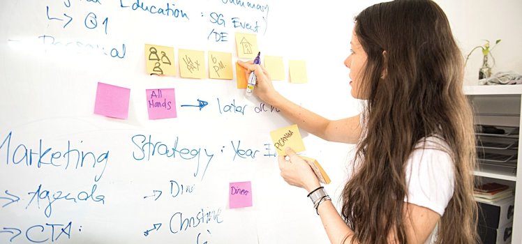 Woman with long brown hair writing on sticky notes placing them on a whiteboard.