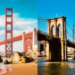 Side by side picture of the Golden Gate and Brooklyn Bridges.