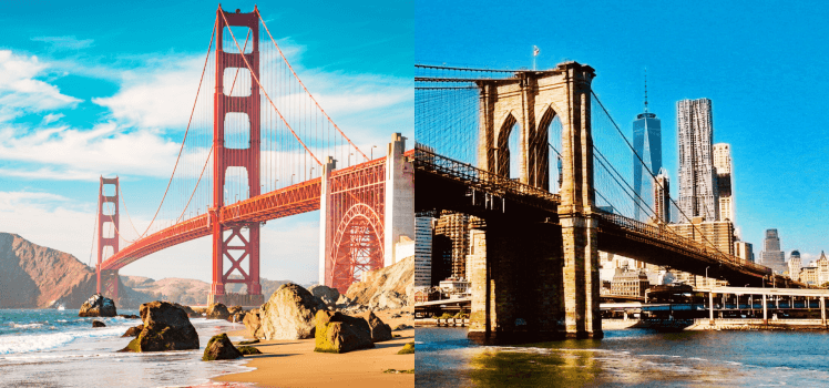 Side by side picture of the Golden Gate and Brooklyn Bridges.