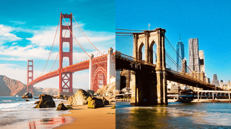 Side by side picture of the Golden Gate and Brooklyn Bridges.