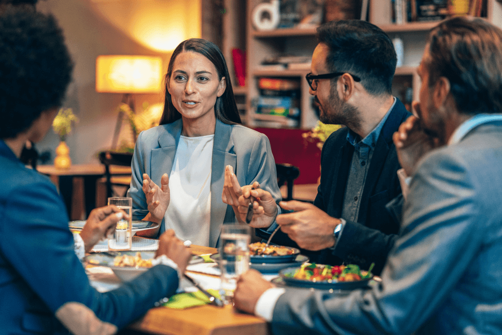 A Group of Coworkers Eating in a mindful and tasteful breakroom