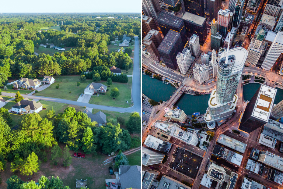 Side by side aerial mages of a rural town and big city