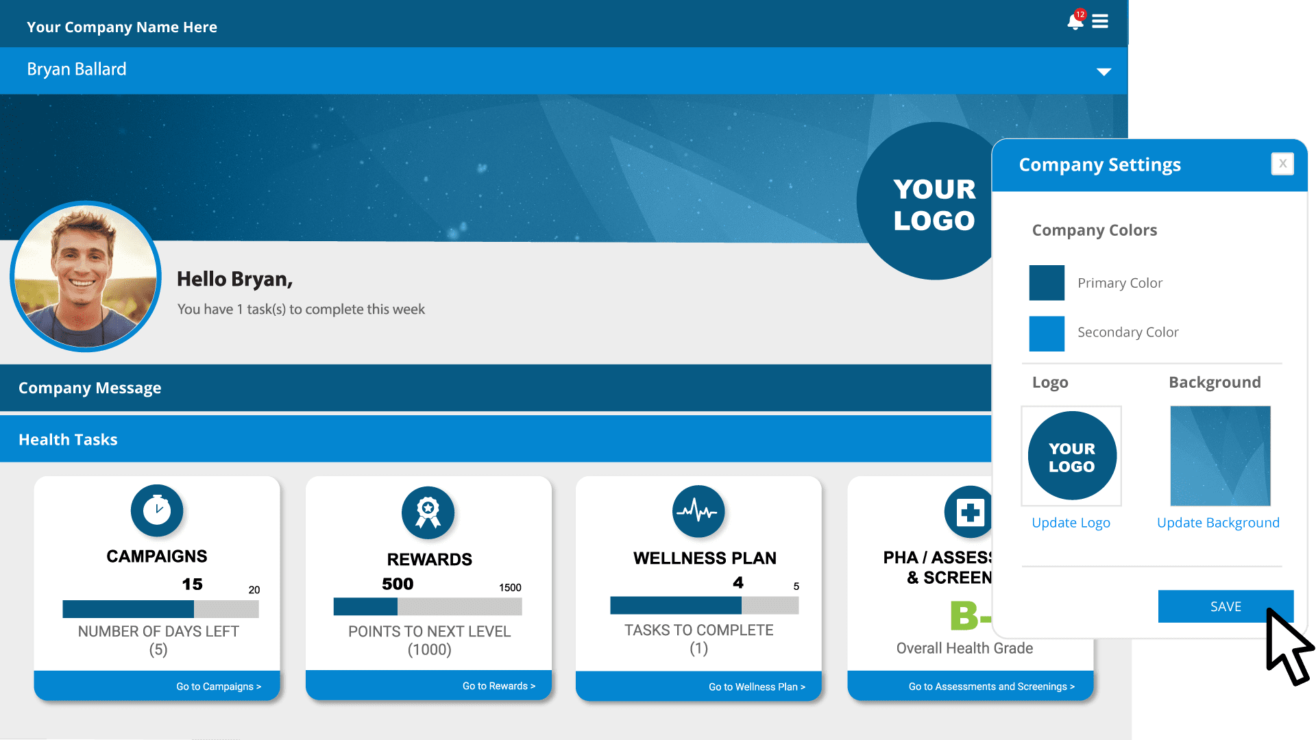 Customizable wellness platform settings allow organizations to update branding, colors, and messaging to create a personalized employee wellness experience.