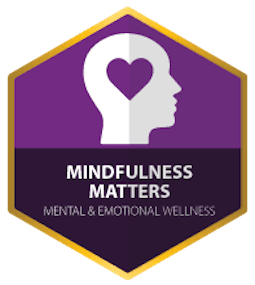 Mindfulness challenge badge promoting daily practices to reduce stress, improve focus, and support mental and emotional well-being in the workplace.